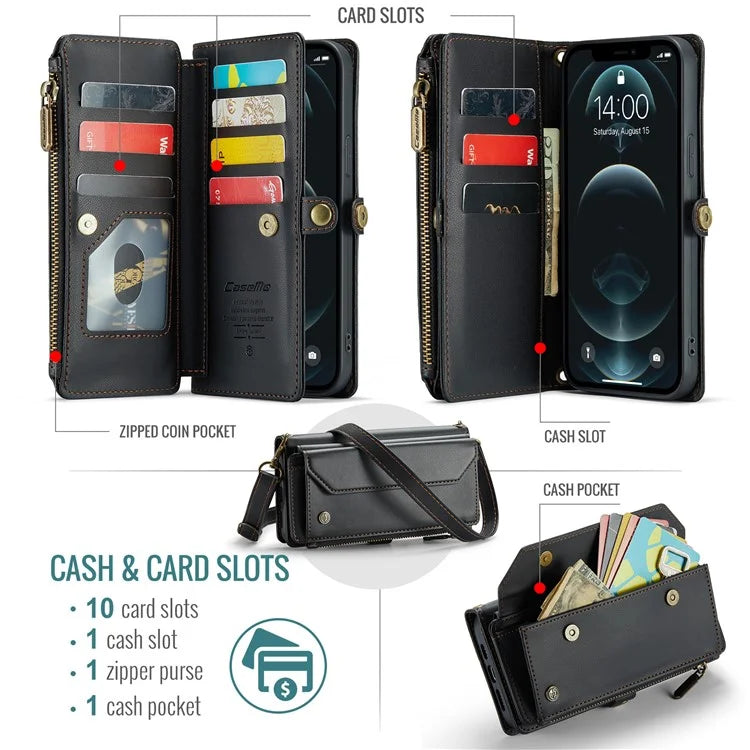 CASEME C36 Series For iPhone 12 / 12 Pro Case RFID Blocking Leather Phone Cover Zipper Handbag Purse
