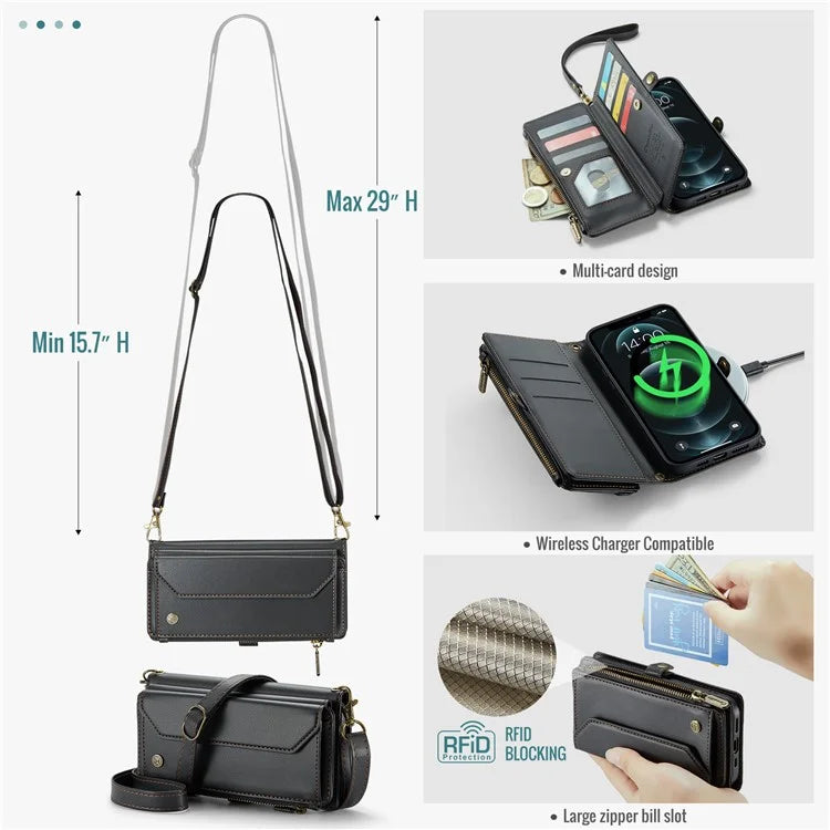 CASEME C36 Series For iPhone 12 / 12 Pro Case RFID Blocking Leather Phone Cover Zipper Handbag Purse