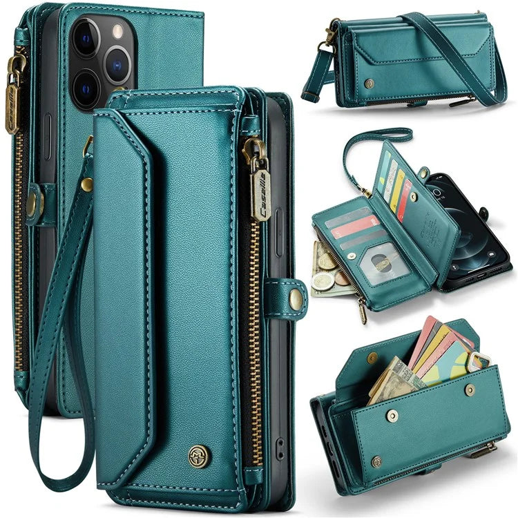CASEME C36 Series For iPhone 12 / 12 Pro Case RFID Blocking Leather Phone Cover Zipper Handbag Purse