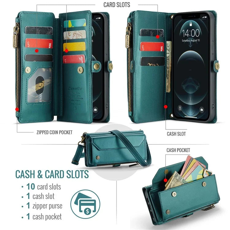 CASEME C36 Series For iPhone 12 / 12 Pro Case RFID Blocking Leather Phone Cover Zipper Handbag Purse