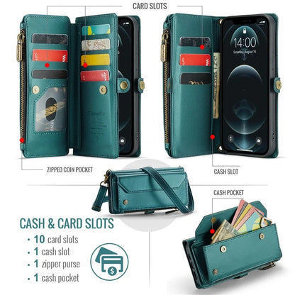 CASEME C36 Series For iPhone 12 / 12 Pro Case RFID Blocking Leather Phone Cover Zipper Handbag Purse