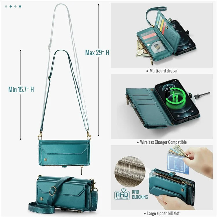 CASEME C36 Series For iPhone 12 / 12 Pro Case RFID Blocking Leather Phone Cover Zipper Handbag Purse