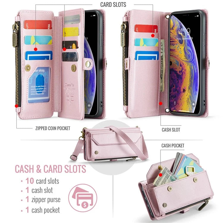 CASEME C36 Series For iPhone XS Max Case Zipper Pocket Folio PU Leather Phone Cover with 10 Card Slots