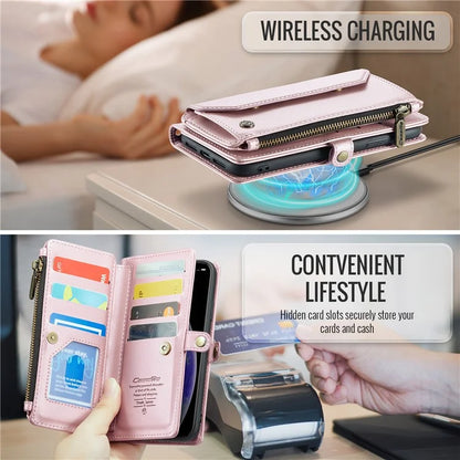 CASEME C36 Series For iPhone XS Max Case Zipper Pocket Folio PU Leather Phone Cover with 10 Card Slots