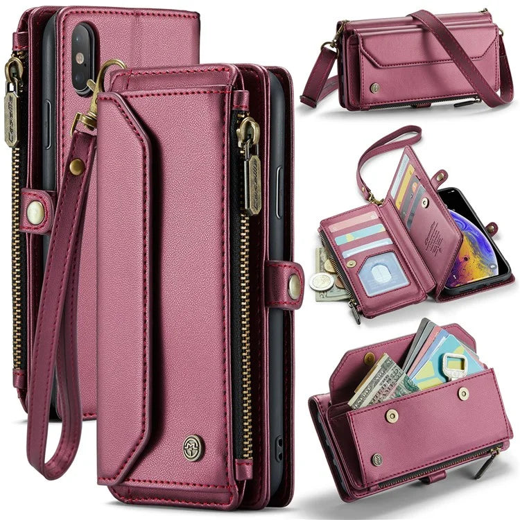 CASEME C36 Series For iPhone XS Max Case Zipper Pocket Folio PU Leather Phone Cover with 10 Card Slots