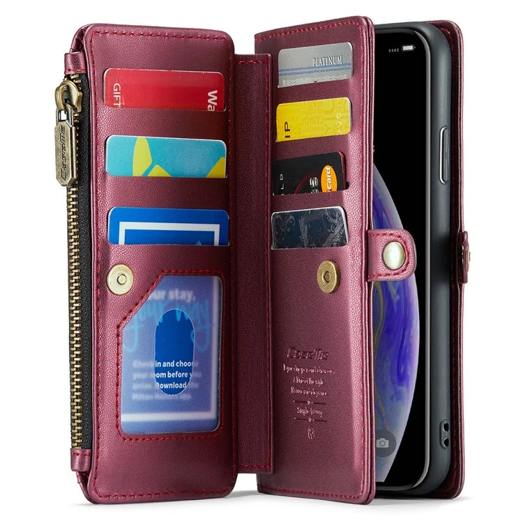 CASEME C36 Series For iPhone XS Max Case Zipper Pocket Folio PU Leather Phone Cover with 10 Card Slots