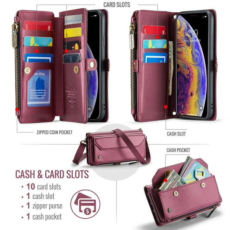 CASEME C36 Series For iPhone XS Max Case Zipper Pocket Folio PU Leather Phone Cover with 10 Card Slots