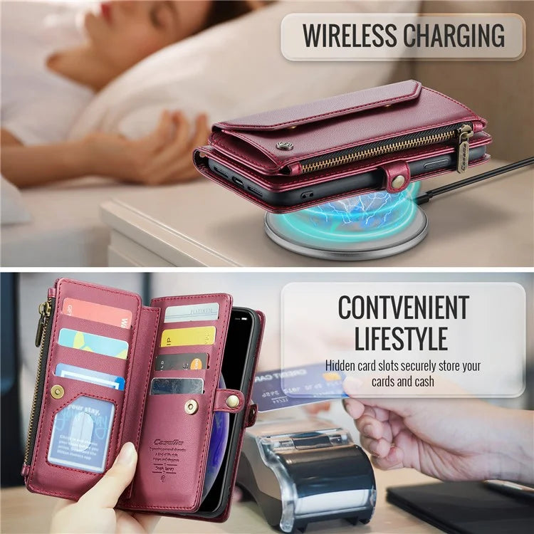 CASEME C36 Series For iPhone XS Max Case Zipper Pocket Folio PU Leather Phone Cover with 10 Card Slots