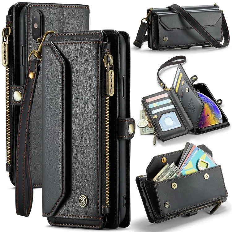 CASEME C36 Series For iPhone XS Max Case Zipper Pocket Folio PU Leather Phone Cover with 10 Card Slots
