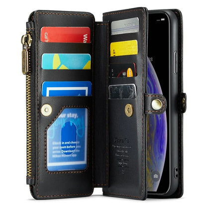 CASEME C36 Series For iPhone XS Max Case Zipper Pocket Folio PU Leather Phone Cover with 10 Card Slots