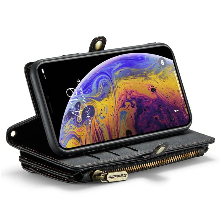 CASEME C36 Series For iPhone XS Max Case Zipper Pocket Folio PU Leather Phone Cover with 10 Card Slots