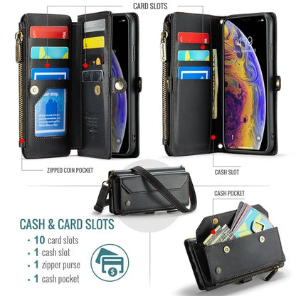 CASEME C36 Series For iPhone XS Max Case Zipper Pocket Folio PU Leather Phone Cover with 10 Card Slots