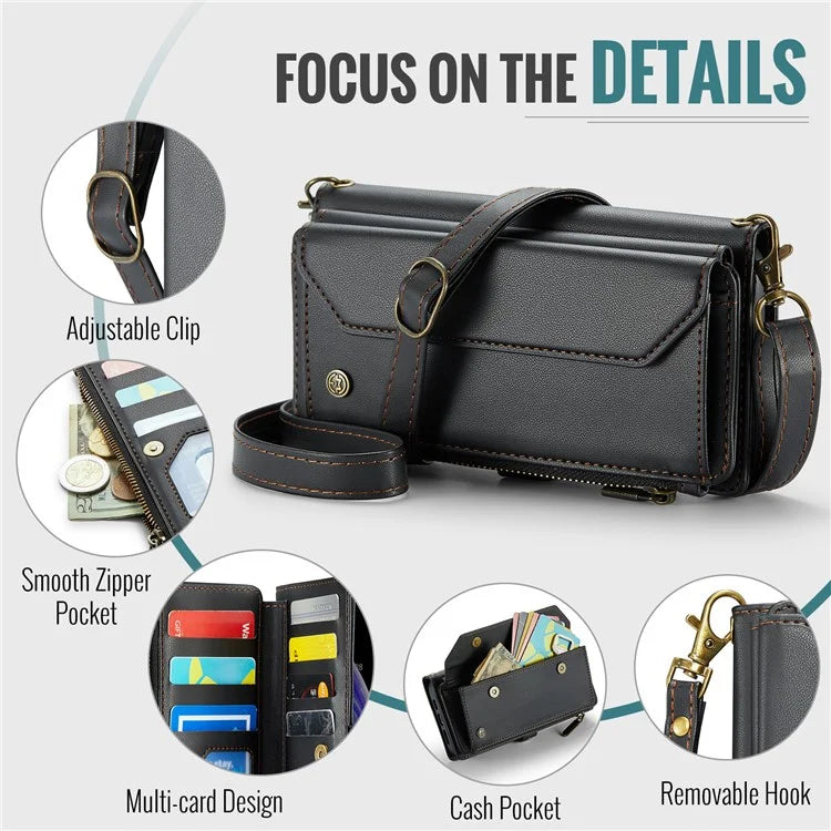 CASEME C36 Series For iPhone XS Max Case Zipper Pocket Folio PU Leather Phone Cover with 10 Card Slots