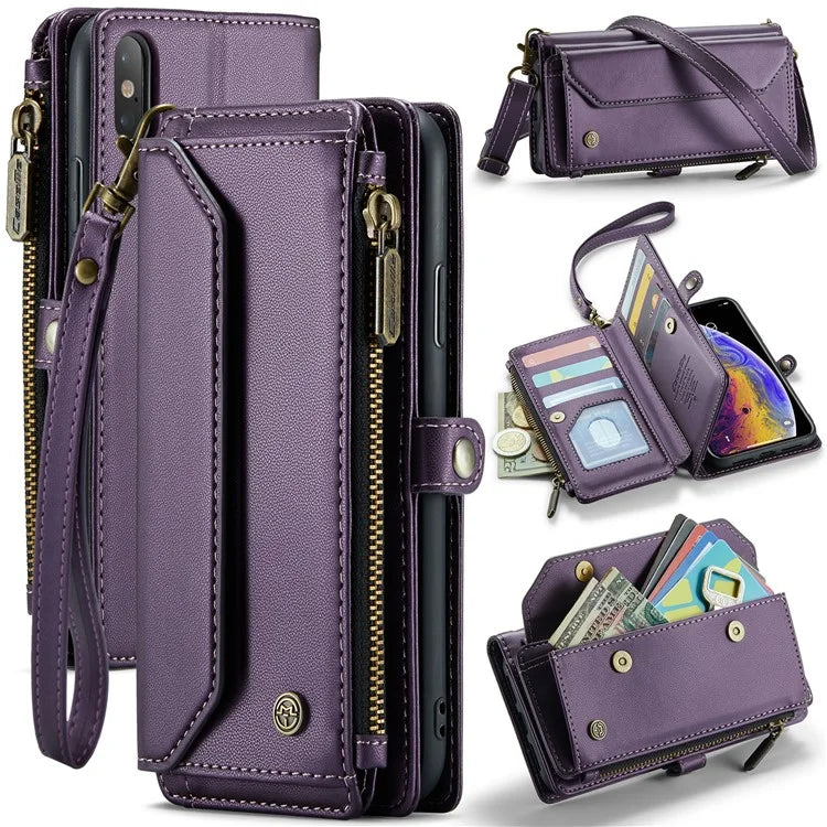CASEME C36 Series For iPhone XS Max Case Zipper Pocket Folio PU Leather Phone Cover with 10 Card Slots