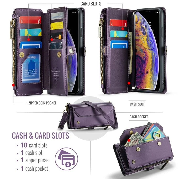 CASEME C36 Series For iPhone XS Max Case Zipper Pocket Folio PU Leather Phone Cover with 10 Card Slots