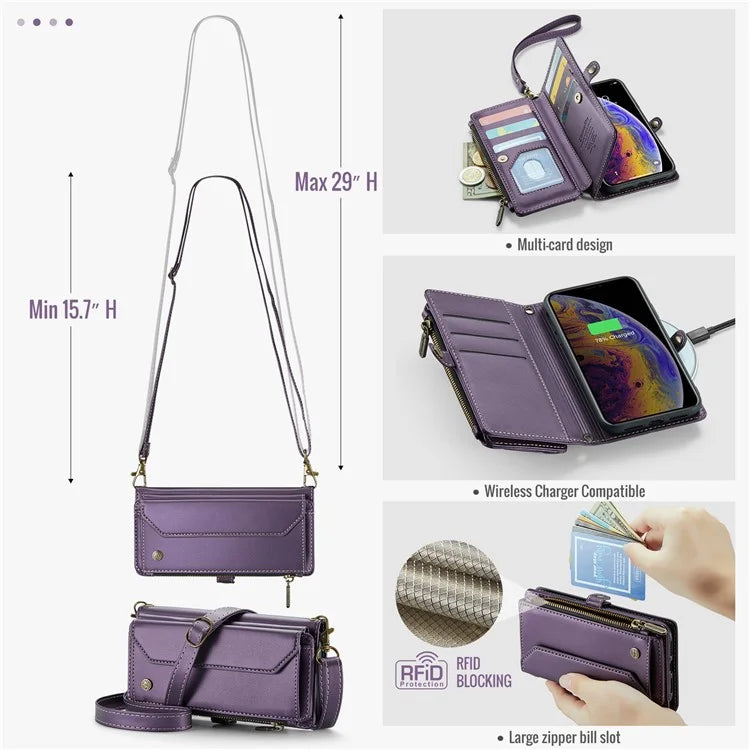 CASEME C36 Series For iPhone XS Max Case Zipper Pocket Folio PU Leather Phone Cover with 10 Card Slots