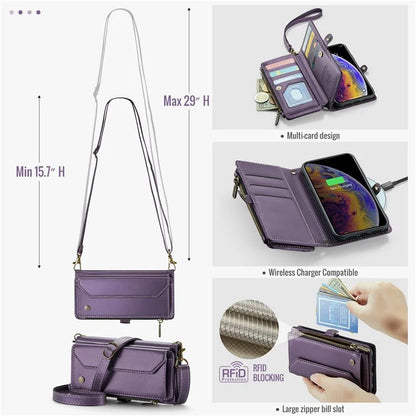 CASEME C36 Series For iPhone XS Max Case Zipper Pocket Folio PU Leather Phone Cover with 10 Card Slots