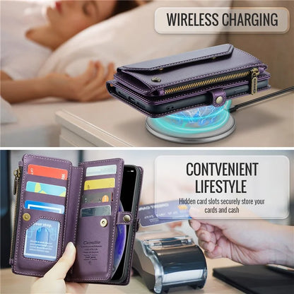 CASEME C36 Series For iPhone XS Max Case Zipper Pocket Folio PU Leather Phone Cover with 10 Card Slots