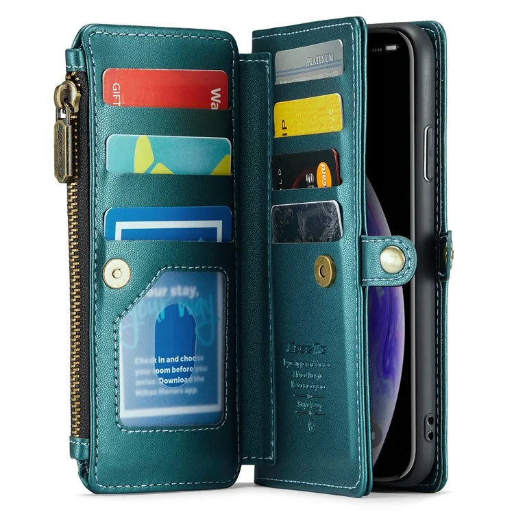 CASEME C36 Series For iPhone XS Max Case Zipper Pocket Folio PU Leather Phone Cover with 10 Card Slots