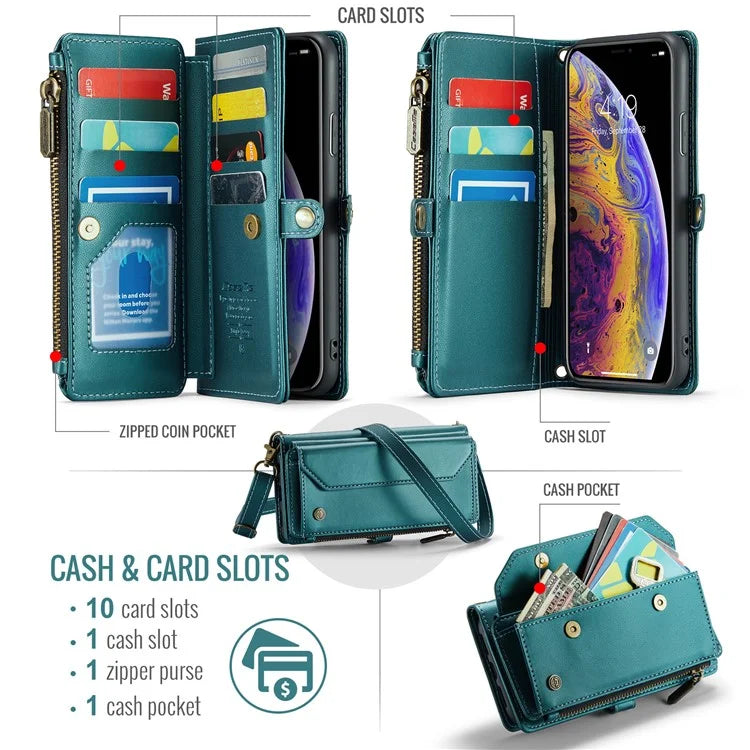 CASEME C36 Series For iPhone XS Max Case Zipper Pocket Folio PU Leather Phone Cover with 10 Card Slots