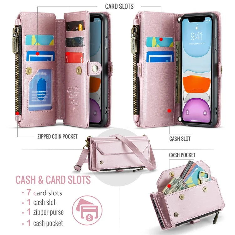CASEME C36 Series For iPhone 11 Case Wallet Flip PU Leather Phone Cover with Wrist Strap / Shoulder Strap