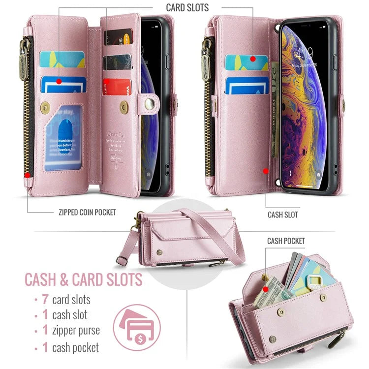 CASEME C36 Series For iPhone X / XS Crossbody Case RFID Blocking PU Leather Zipper Phone Cover
