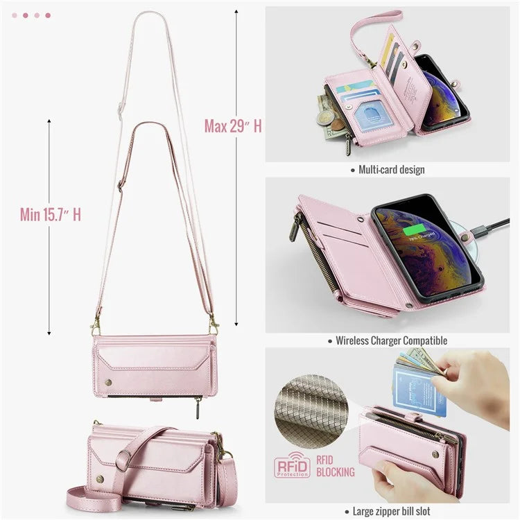 CASEME C36 Series For iPhone X / XS Crossbody Case RFID Blocking PU Leather Zipper Phone Cover