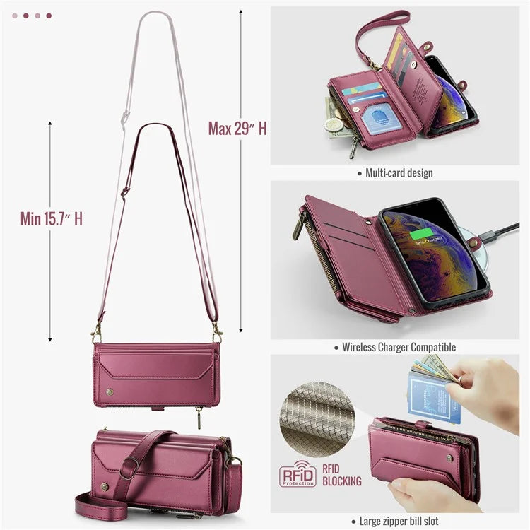 CASEME C36 Series For iPhone X / XS Crossbody Case RFID Blocking PU Leather Zipper Phone Cover