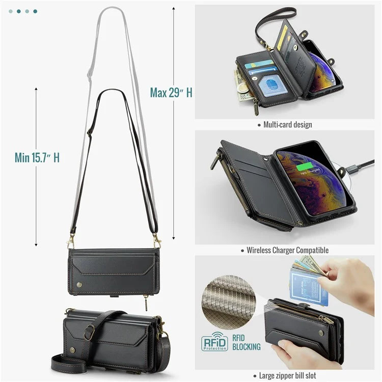 CASEME C36 Series For iPhone X / XS Crossbody Case RFID Blocking PU Leather Zipper Phone Cover