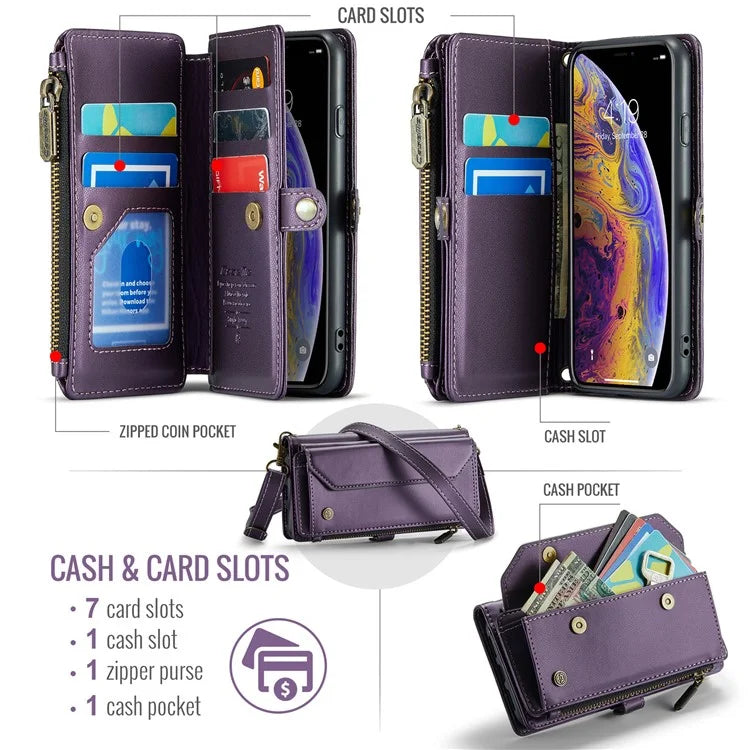 CASEME C36 Series For iPhone X / XS Crossbody Case RFID Blocking PU Leather Zipper Phone Cover