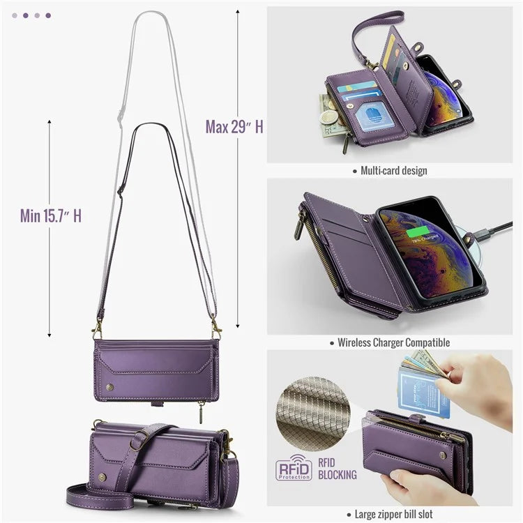 CASEME C36 Series For iPhone X / XS Crossbody Case RFID Blocking PU Leather Zipper Phone Cover