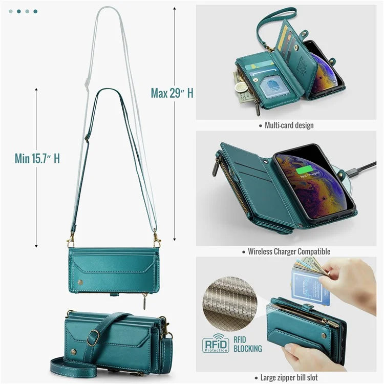 CASEME C36 Series For iPhone X / XS Crossbody Case RFID Blocking PU Leather Zipper Phone Cover