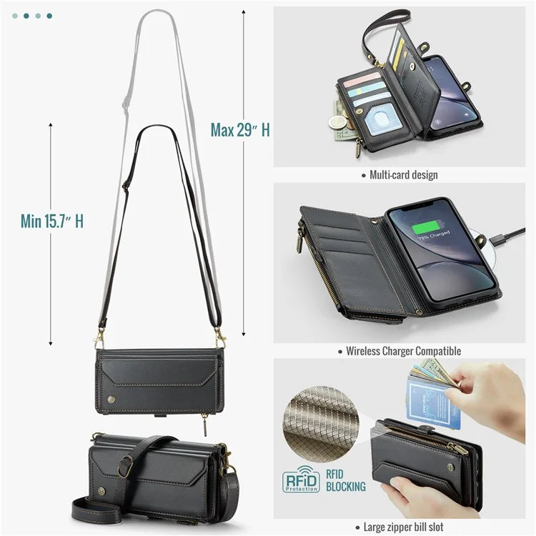 CASEME C36 Series For iPhone XR Case Zipper Handbag Purse RFID Blocking PU Leather Phone Cover