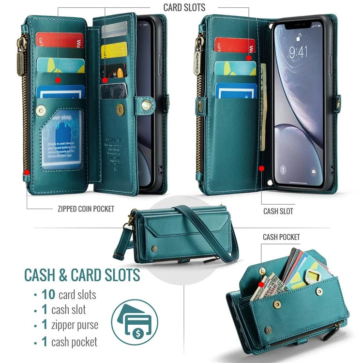 CASEME C36 Series For iPhone XR Case Zipper Handbag Purse RFID Blocking PU Leather Phone Cover