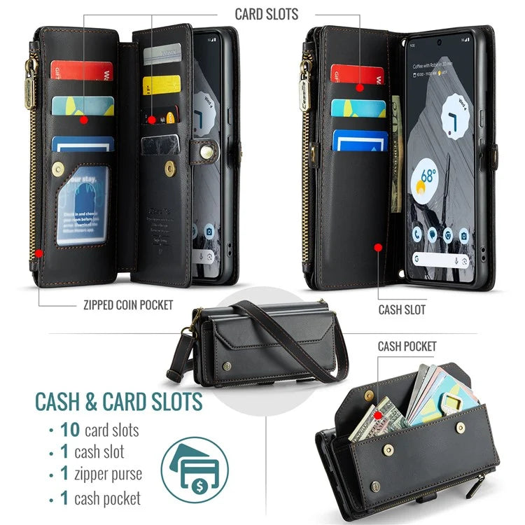 CASEME C36 Series For Google Pixel 8 Pro Case PU Leather Phone Cover Zipper Pocket Handbag RFID Blocking