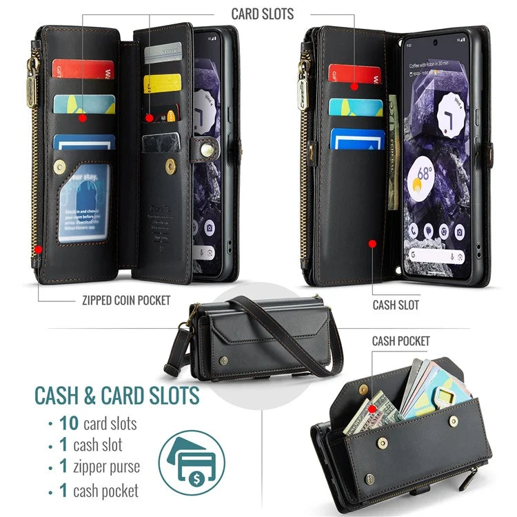 CASEME C36 Series For Google Pixel 8 Crossbody Case PU Leather Phone Cover Wallet RFID Blocking Protection