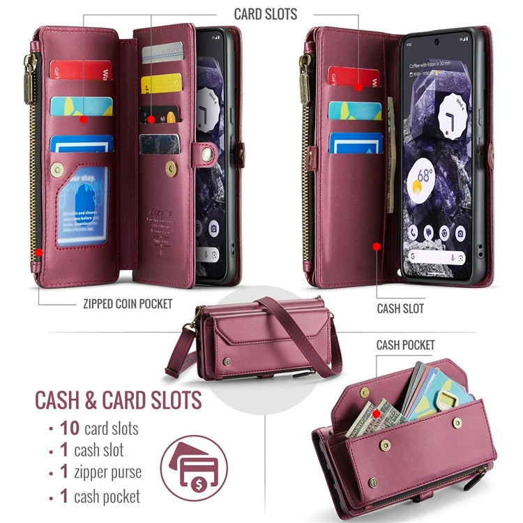 CASEME C36 Series For Google Pixel 8 Crossbody Case PU Leather Phone Cover Wallet RFID Blocking Protection
