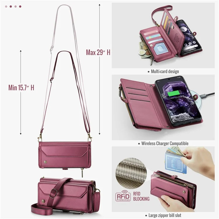 CASEME C36 Series For Google Pixel 8 Crossbody Case PU Leather Phone Cover Wallet RFID Blocking Protection