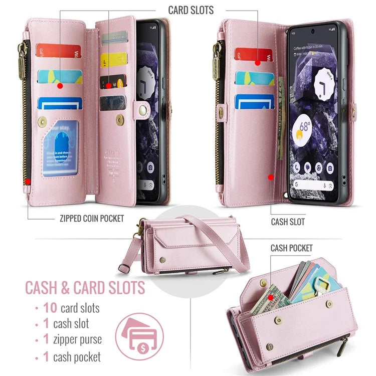 CASEME C36 Series For Google Pixel 8 Crossbody Case PU Leather Phone Cover Wallet RFID Blocking Protection