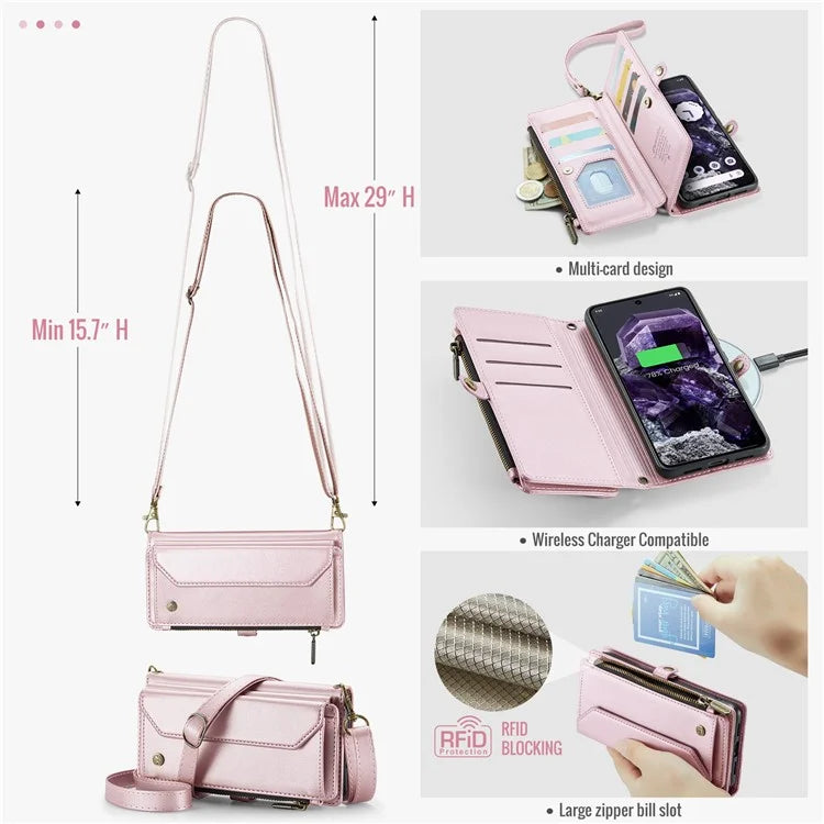 CASEME C36 Series For Google Pixel 8 Crossbody Case PU Leather Phone Cover Wallet RFID Blocking Protection