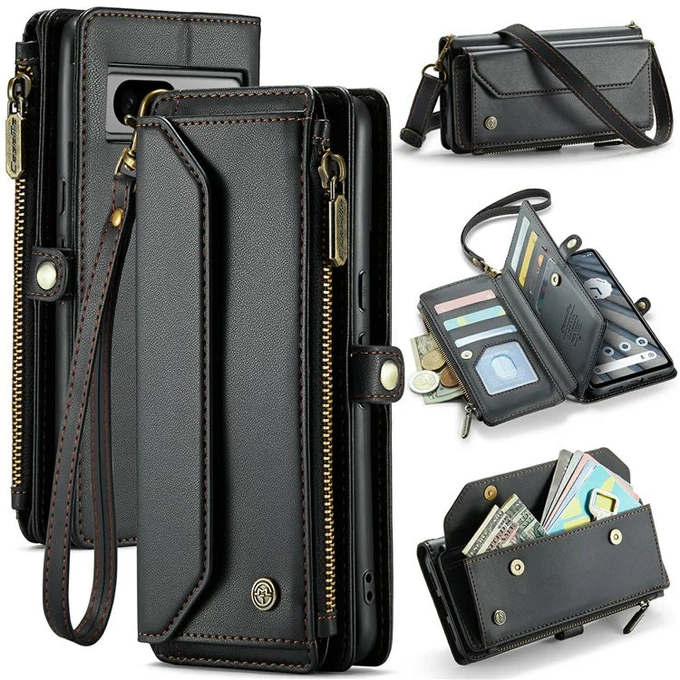 CASEME C36 Series For Google Pixel 7a Case 10 Card Slots PU Leather Zipper Phone Cover Handbag Purse