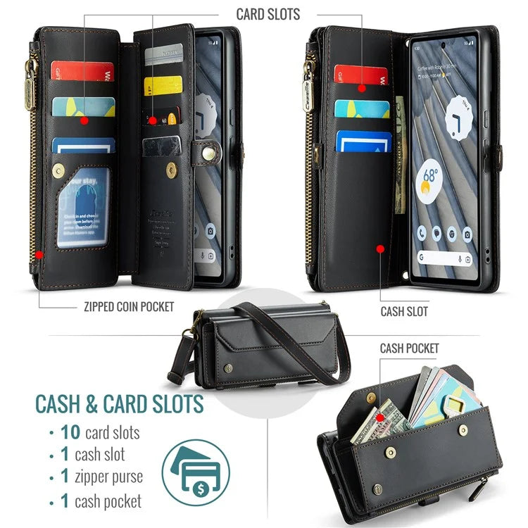 CASEME C36 Series For Google Pixel 7a Case 10 Card Slots PU Leather Zipper Phone Cover Handbag Purse