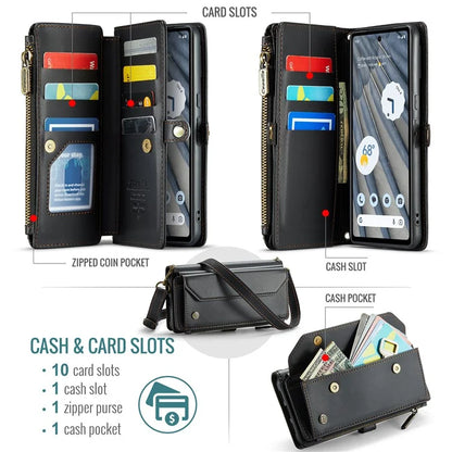 CASEME C36 Series For Google Pixel 7a Case 10 Card Slots PU Leather Zipper Phone Cover Handbag Purse