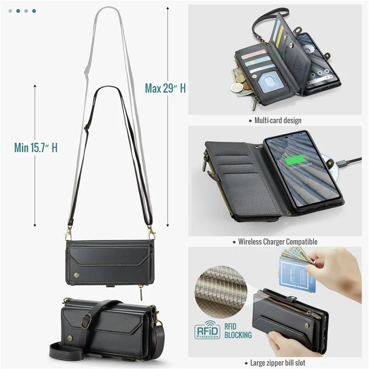 CASEME C36 Series For Google Pixel 7a Case 10 Card Slots PU Leather Zipper Phone Cover Handbag Purse
