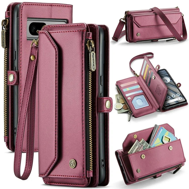 CASEME C36 Series For Google Pixel 7a Case 10 Card Slots PU Leather Zipper Phone Cover Handbag Purse