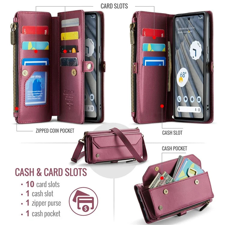CASEME C36 Series For Google Pixel 7a Case 10 Card Slots PU Leather Zipper Phone Cover Handbag Purse