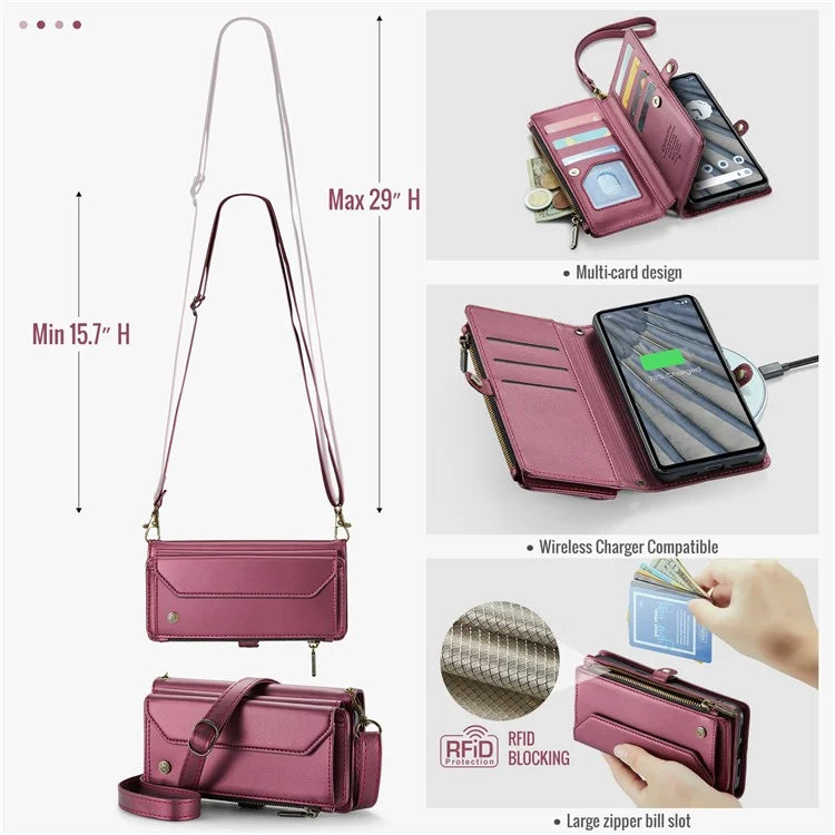 CASEME C36 Series For Google Pixel 7a Case 10 Card Slots PU Leather Zipper Phone Cover Handbag Purse