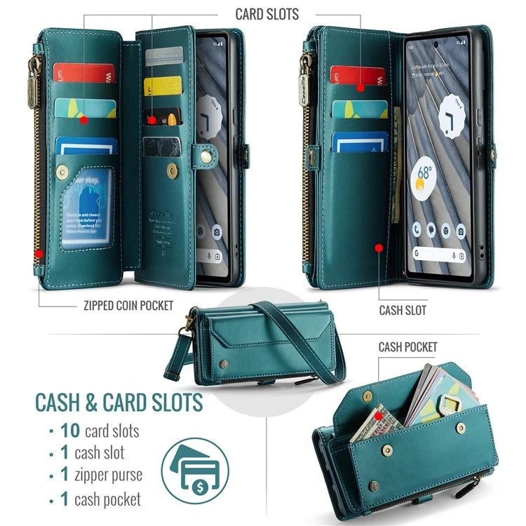 CASEME C36 Series For Google Pixel 7a Case 10 Card Slots PU Leather Zipper Phone Cover Handbag Purse
