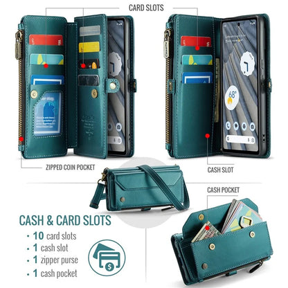 CASEME C36 Series For Google Pixel 7a Case 10 Card Slots PU Leather Zipper Phone Cover Handbag Purse