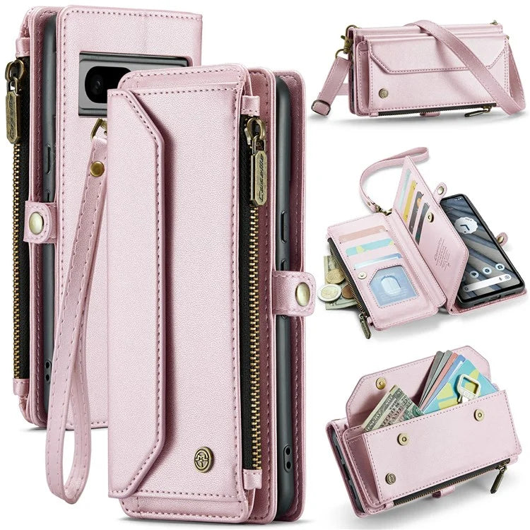 CASEME C36 Series For Google Pixel 7a Case 10 Card Slots PU Leather Zipper Phone Cover Handbag Purse
